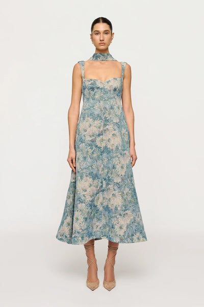 clea emilia jacquard midi dress Zinnia Midi Dress | Aquarelle Jacquard | Blue Floral Print